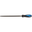 The Draper Soft Grip Engineer's Square File And Handle, 250mm - 8106B, features a black and blue ergonomic handle and an improved tooth profile made from high carbon steel against a white background.