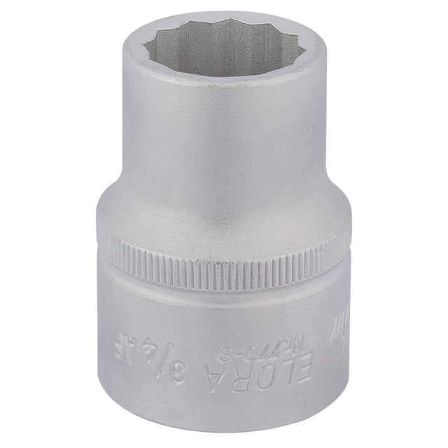A close-up image of the Draper Elora Bi-Hexagon Socket, 3/4" Sq. Dr. - 770-SA 3/4", showcasing its silver finish and durable chrome vanadium steel construction with side engravings, offering enhanced corrosion protection.