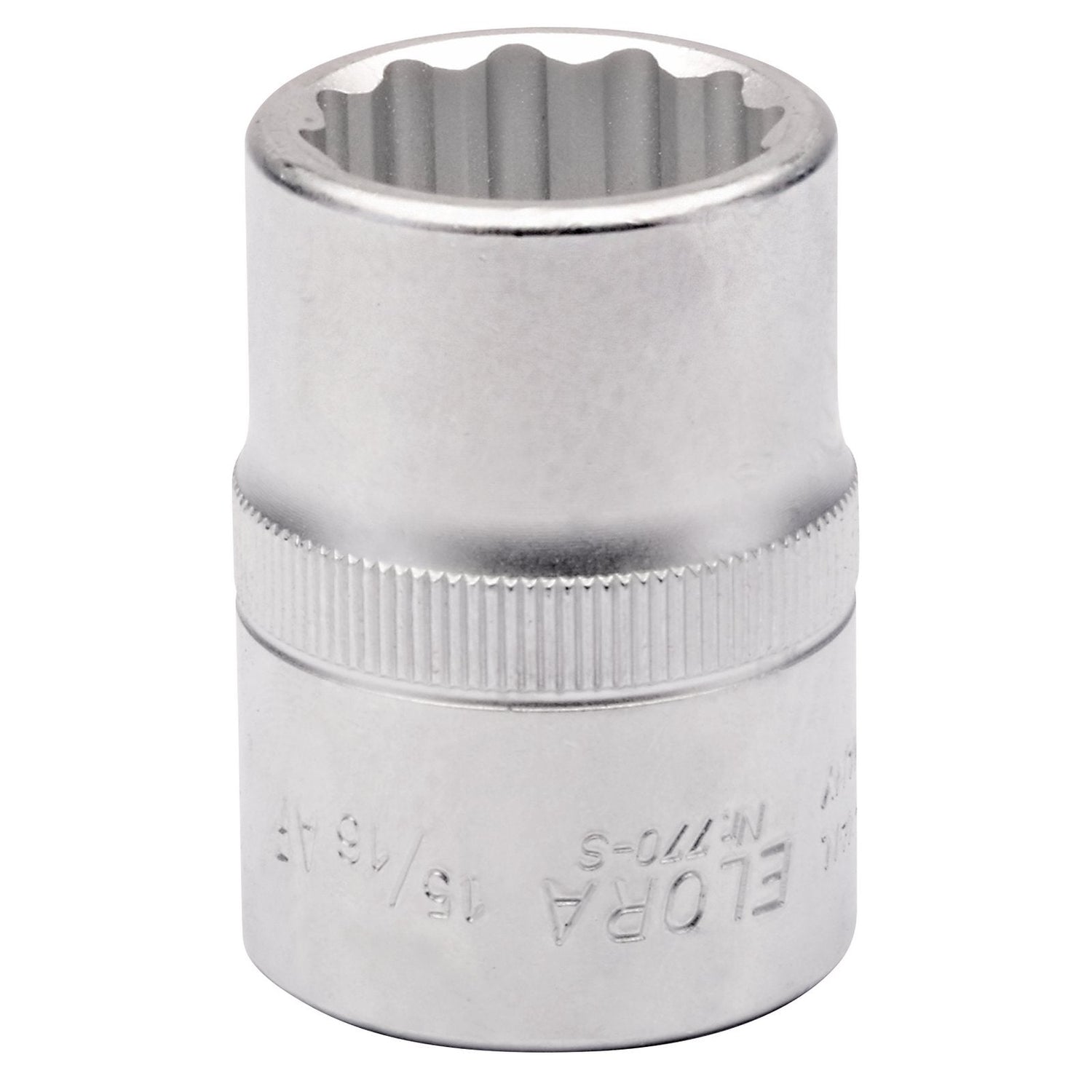 A silver, metallic Draper Elora Bi-Hexagon Socket, 15/16" crafted from chrome vanadium steel, featuring a ridged middle section for extra hand grip and engraved markings, used for fitting onto a 3/4" square drive socket wrench.