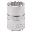 A silver, metallic Draper Elora Bi-Hexagon Socket, 15/16" crafted from chrome vanadium steel, featuring a ridged middle section for extra hand grip and engraved markings, used for fitting onto a 3/4" square drive socket wrench.