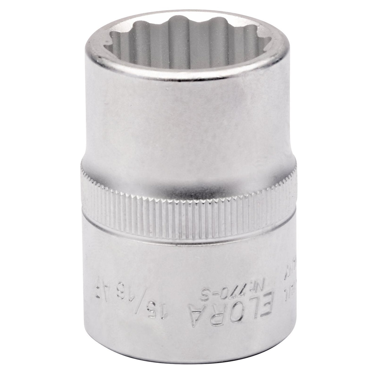 A silver, metallic Draper Elora Bi-Hexagon Socket, 15/16" crafted from chrome vanadium steel, featuring a ridged middle section for extra hand grip and engraved markings, used for fitting onto a 3/4" square drive socket wrench.