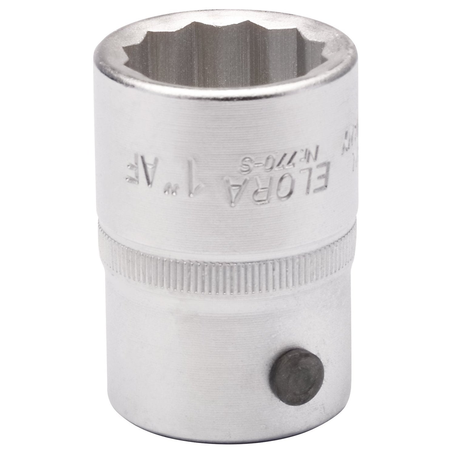 A close-up image of the Draper Elora Bi-Hexagon Socket, 1" 3/4" Sq. Dr. - 770-SA 1, with a twelve-point opening and engraved markings for size and the Draper brand, crafted from durable chrome vanadium steel for enhanced strength.