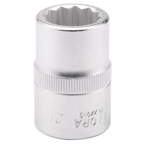The Draper Elora Bi-Hexagon Socket, 3/4" Sq. Dr., 21mm - 770-S 21 is crafted from durable chrome vanadium steel and features a 12-point star-shaped internal design along with a knurled grip surface for extra hand grip.