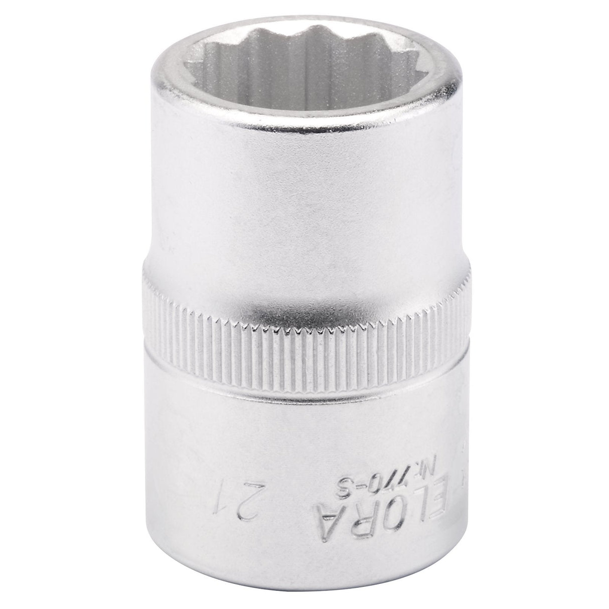 The Draper Elora Bi-Hexagon Socket, 3/4" Sq. Dr., 21mm - 770-S 21 is crafted from durable chrome vanadium steel and features a 12-point star-shaped internal design along with a knurled grip surface for extra hand grip.