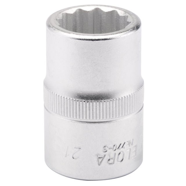 The Draper Elora Bi-Hexagon Socket, 3/4" Sq. Dr., 21mm - 770-S 21 is crafted from durable chrome vanadium steel and features a 12-point star-shaped internal design along with a knurled grip surface for extra hand grip.