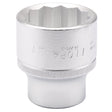 Close-up of a shiny, silver socket wrench head with ridged details and embossed text. Made from durable chrome vanadium steel, it features corrosion protection. The head has a deep, serrated inner edge and is labeled "Draper Elora Bi-Hexagon Socket, 3/4" Sq. Dr., 41mm - 770-S 41" along the side.