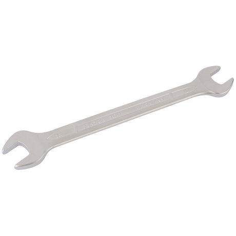 The Draper Elora Long Metric Double Open End Spanner, 12 X 13mm - 100-12x13, features a silver metallic finish and is constructed from durable chrome vanadium steel. This spanner has two differently sized ends for gripping nuts or bolts and meets DIN 3110/ISO 3318/ISO 1085 specifications for quality and precision.