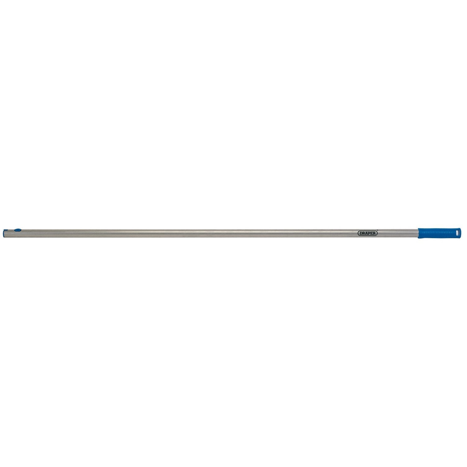 A Draper Broom Or Mop Handle, 1.3M - AMH/A, featuring a silver metal rod with a powder-coated finish and blue caps on both ends.