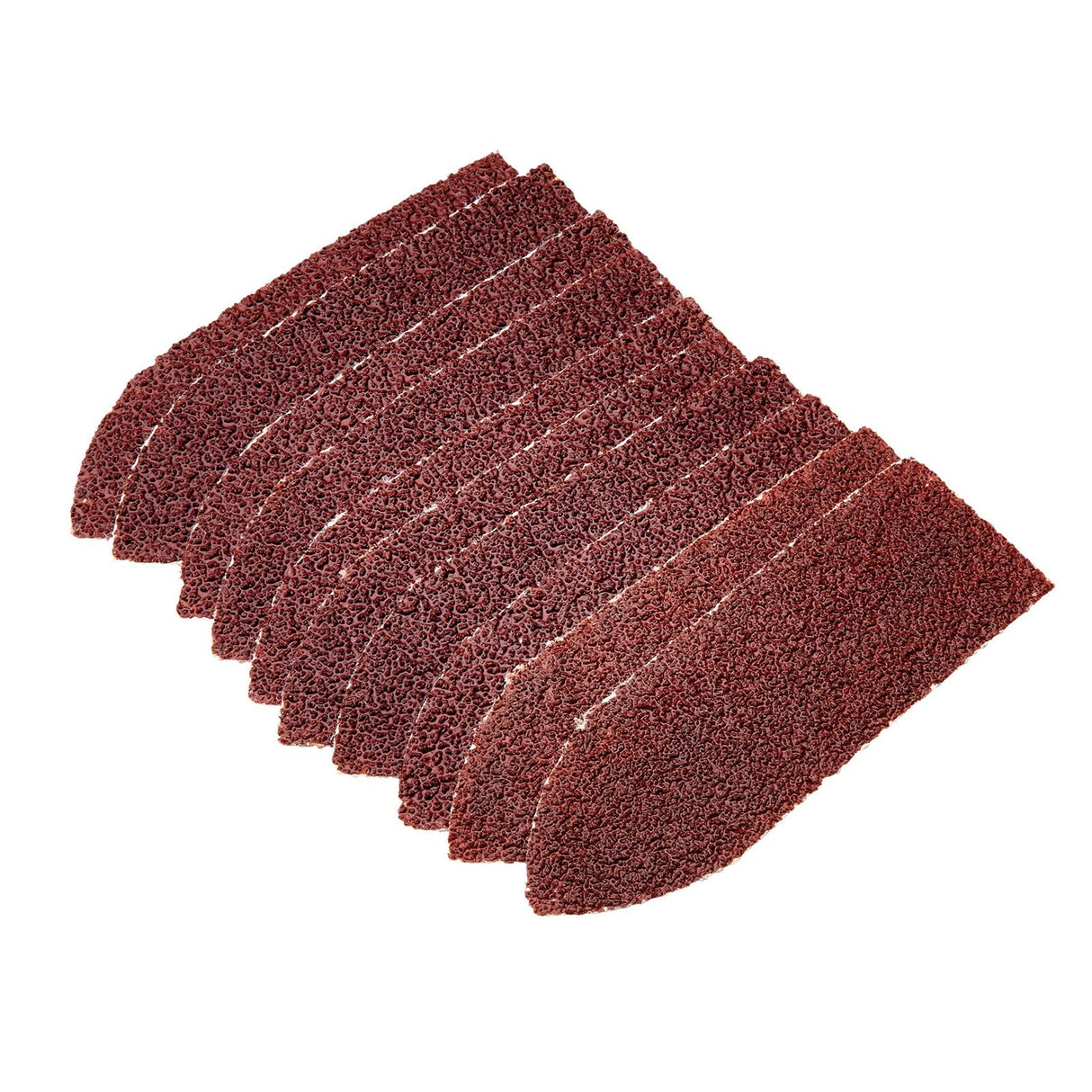 A fan of Draper's brown rectangular Hook and Loop Finger Sander Sheets, 67 x 67 x 22mm, 60 Grit (pack of 10), arranged in an overlapping pattern against a white background.