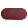 A set of nine Draper Sanding Discs, 125mm, Hook & Loop, 240G (Pack Of 10) - SDHL125 in dark red Aluminium oxide, arranged slightly fanned-out on a white background.