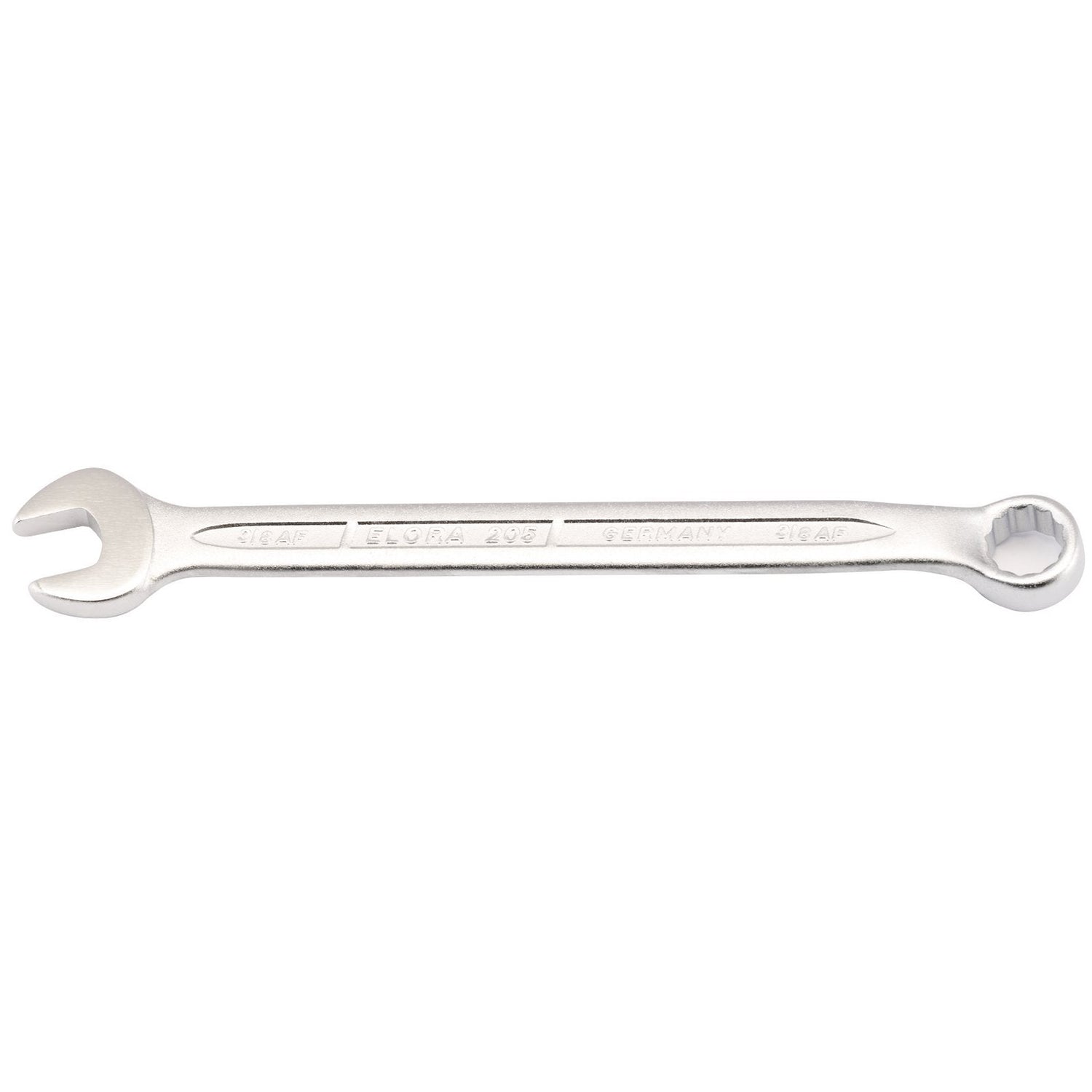 A Draper Elora Long Imperial Combination Spanner, made from chrome vanadium steel, featuring an open-end on one side and a Bi-hexagon ring on the other, labeled "3/8"" and compliant with DIN 3113 standards.