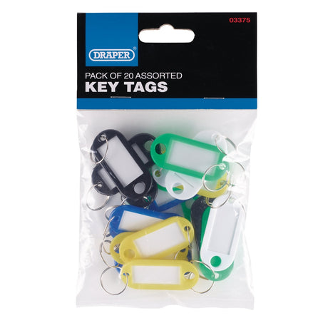 The Draper Assorted Key Tags (Pack Of 20) - KI/20 includes various colors such as black, yellow, green, and white. These key tags are crafted from durable plastic for reliable key identification and are sold under the trusted Draper brand.