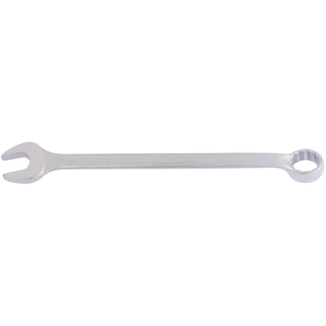 The Draper Elora Long Imperial Combination Spanner, 1.1/4" - 205A-1.1/4 by Draper features an open-end on one side and a bi-hexagon ring on the other, crafted from durable chrome vanadium steel, and compliant with DIN 3113 standards. This silver wrench is ideal for tightening or loosening nuts and bolts.