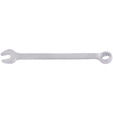The Draper Elora Long Combination Spanner, 15mm - 205-15, by Draper, crafted from chrome vanadium steel, features an open-end on one side and a bi-hexagon ring on the opposite side, lying flat on a white background.