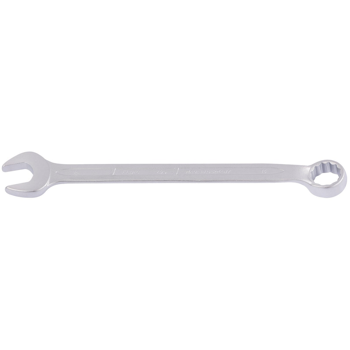 The Draper Elora Long Combination Spanner, 16mm - 205-16 by Draper is a silver wrench made from chrome vanadium steel, featuring an open-end on one side and a Bi-hexagon ring-end on the other, designed for tightening or loosening nuts and bolts with enhanced corrosion protection.