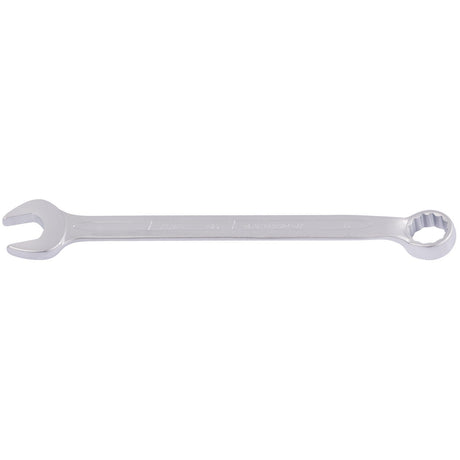 The Draper Elora Long Combination Spanner, 16mm - 205-16 by Draper is a silver wrench made from chrome vanadium steel, featuring an open-end on one side and a Bi-hexagon ring-end on the other, designed for tightening or loosening nuts and bolts with enhanced corrosion protection.