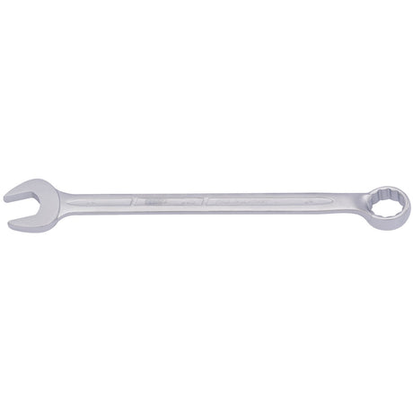 The Draper Elora Long Combination Spanner, 24mm - 205-24 by Draper is a robust metal wrench constructed from chrome vanadium steel. It features an open-end on one side and a box-end on the other, adhering to DIN 3113 standards. This durable tool is ideal for tightening or loosening nuts and bolts and includes corrosion protection for extended use.