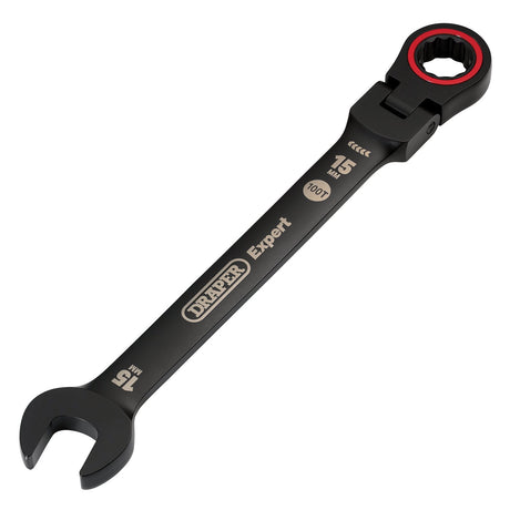 Draper Expert Hi-Torq® Metric Flexible Head Ratchet Combination Spanner, 15mm, Black - 8241FMM/BK - Farming Parts