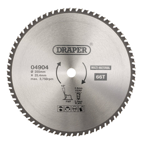 Here's a rewrite of the sentence using the given product data:
A Draper Tct Multi-Purpose Circular Saw Blade (model SBM9) featuring a 355mm diameter, 66 teeth, a 2.8mm kerf, and a 25.4mm bore, with a maximum speed of 3,750rpm and suitable for cutting multiple materials.