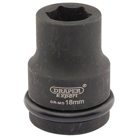 An 18mm Draper Expert Hi-Torq® 6 Point Impact Socket, identified as model 419-MM and featuring a 3/4" square drive, is specifically designed for use with impact wrenches and comes with a durable black finish and an attached rubber ring.