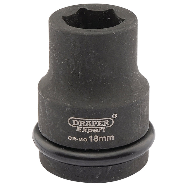 An 18mm Draper Expert Hi-Torq® 6 Point Impact Socket, identified as model 419-MM and featuring a 3/4" square drive, is specifically designed for use with impact wrenches and comes with a durable black finish and an attached rubber ring.