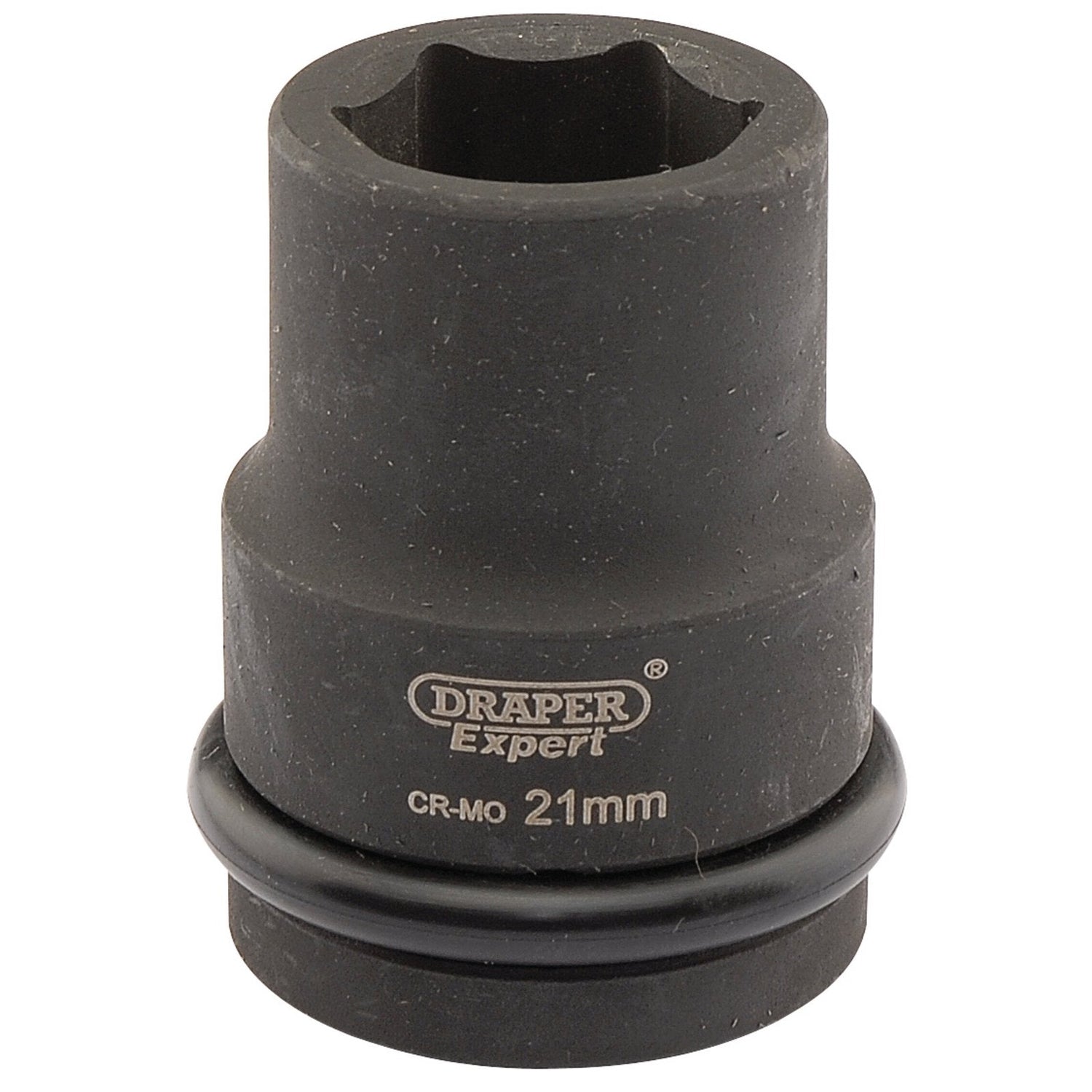 A Draper Expert Hi-Torq® 6 Point Impact Socket, 3/4" Sq. Dr., 21mm - 419-MM, made from chrome molybdenum (CR-MO) steel, features a black finish and an engraved logo.