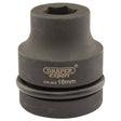 A Draper Expert Hi-Torq® 6 Point Impact Socket, model 425-MM with a 1" square drive and an 18mm size, is shown against a white background. The durable black socket, made by Draper, features a protective rubber ring near its base and is ideal for use with air impact wrenches.