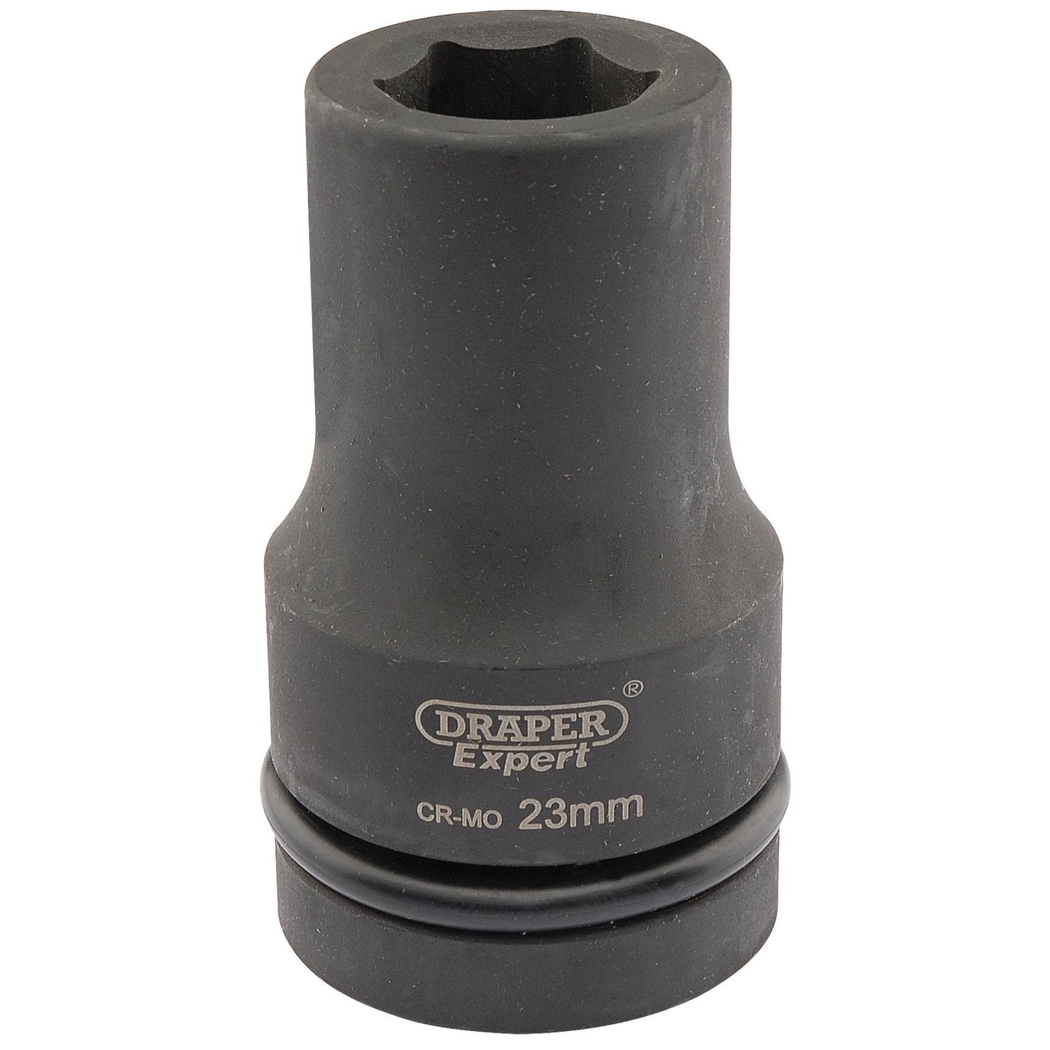 A Draper Expert Hi-Torq® 6 Point Deep Impact Socket, 1" Sq. Dr., 23mm - 425D-MM with a black finish, used for mechanical purposes.