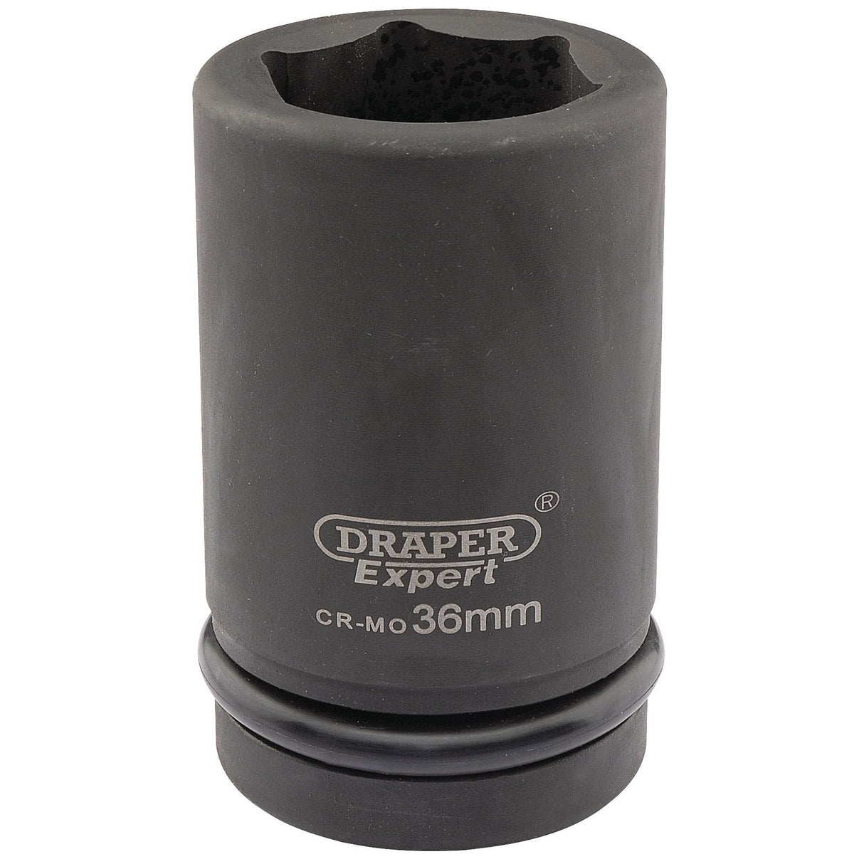 The Draper Expert Hi-Torq® 6 Point Deep Impact Socket, 1" Sq. Dr., 36mm - 425D-MM, is a black cylindrical socket with a hexagonal opening at the top, designed for professional use with impact wrenches. The branding and specifications are printed on the side.