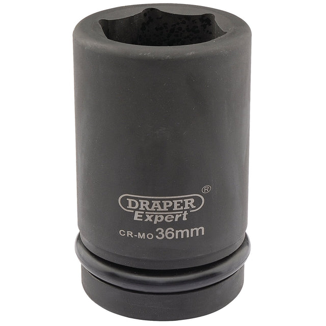 The Draper Expert Hi-Torq® 6 Point Deep Impact Socket, 1" Sq. Dr., 36mm - 425D-MM, is a black cylindrical socket with a hexagonal opening at the top, designed for professional use with impact wrenches. The branding and specifications are printed on the side.