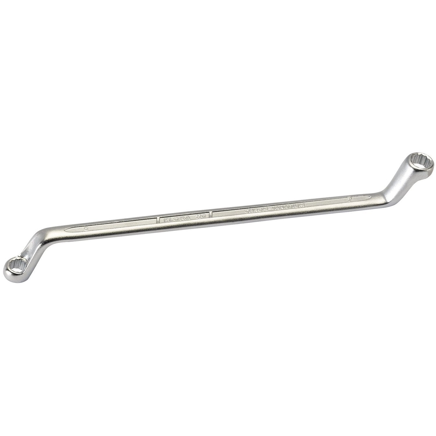 The Draper Elora Deep Crank Metric Ring Spanner, 6 X 7mm - 110-6x7, features a double-ended offset design with a chrome finish. It is crafted from durable chrome vanadium steel, and each ring end has a bi-hexagon profile for superior gripping and turning of nuts and bolts.