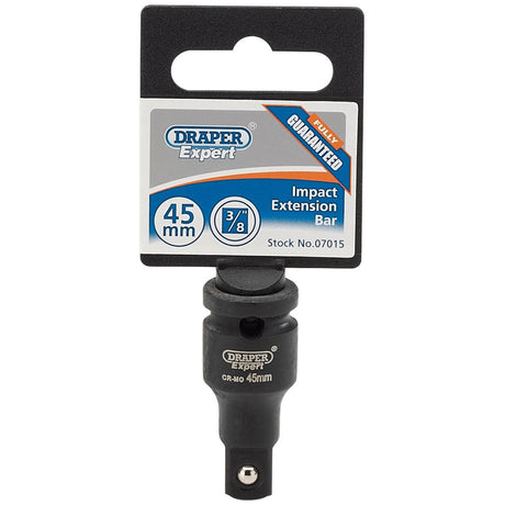 A Draper Expert Impact Extension Bar, 3/8" Sq. Dr., 45mm - model 909, crafted from chrome molybdenum steel for secure socket holding and displayed in packaging.