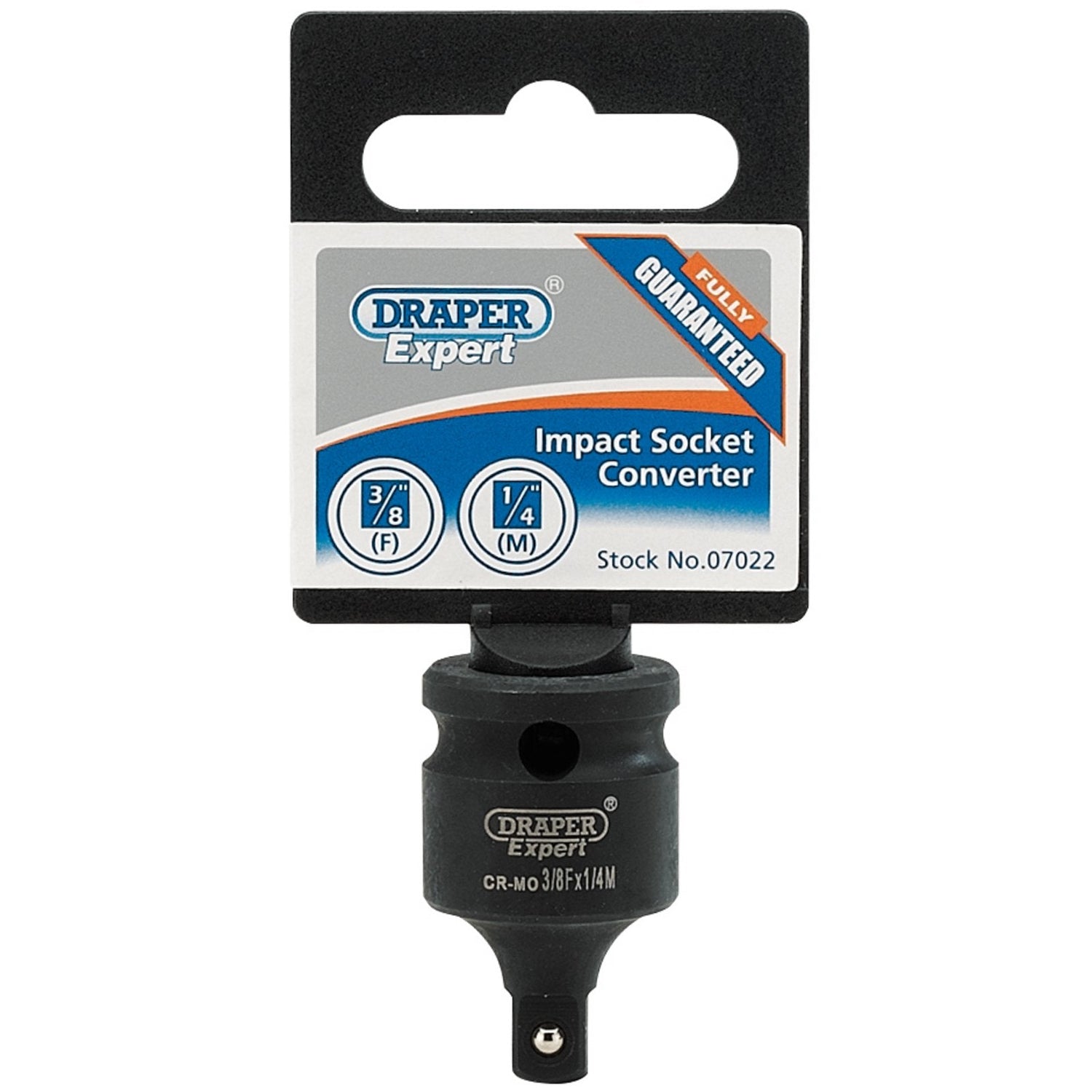 The Draper Expert Impact Socket Converter, 3/8"(F) X 1/4"(M) - 904 from Draper comes in blue and gray packaging. Made from robust chrome molybdenum steel, this converter transitions from 3/8 inch (F) to 1/4 inch (M). It includes a spring ball retainer, provides corrosion protection, and is fully guaranteed.