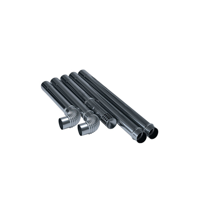 Five components from the Draper Flue Kit for Far Infrared Diesel Heaters (8 Piece) - DSH-FIR-FK, featuring metallic cylindrical pipes of varying designs and lengths, are arranged parallel to each other on a plain white background.