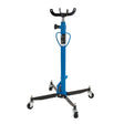 The Draper Vertical Transmission Jack, 500Kg - TJ500B, features a blue hydraulic lifting mechanism mounted on a wheeled base and includes black adjustable arms. It operates via a foot pedal for effortless lifting and is equipped with an overload safety valve for added protection.