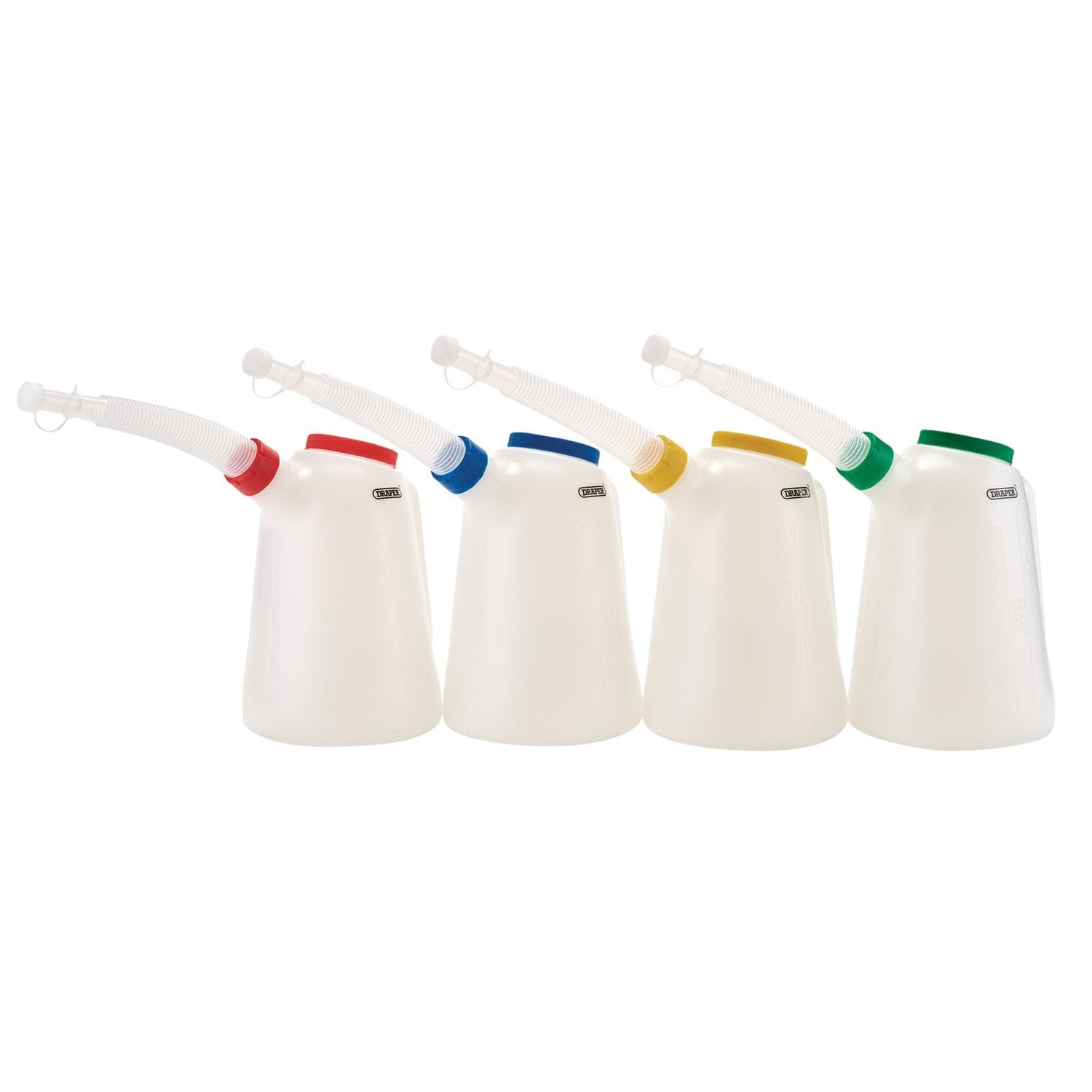 Four Draper 5L polyethylene plastic jugs from the JS-4PC set, each with flexible spouts, are lined up. Perfect for automotive and industrial fluids, these jugs feature caps in red, blue, yellow, and green.