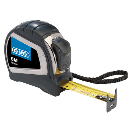 A 5-meter Draper Metric Measuring Tape (Model DMTPRN/C) from the brand Draper, featuring a yellow tape extended and a black and silver plastic casing, designed for Class II accuracy.
