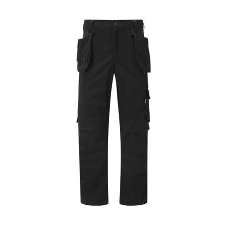 Cottonmount Tuffstuff Proflex Stretch Work Trousers in Black are designed for utility and durability, featuring multiple pockets, a button closure, straight-cut legs, kneepad pockets, and a reinforced holster pocket.