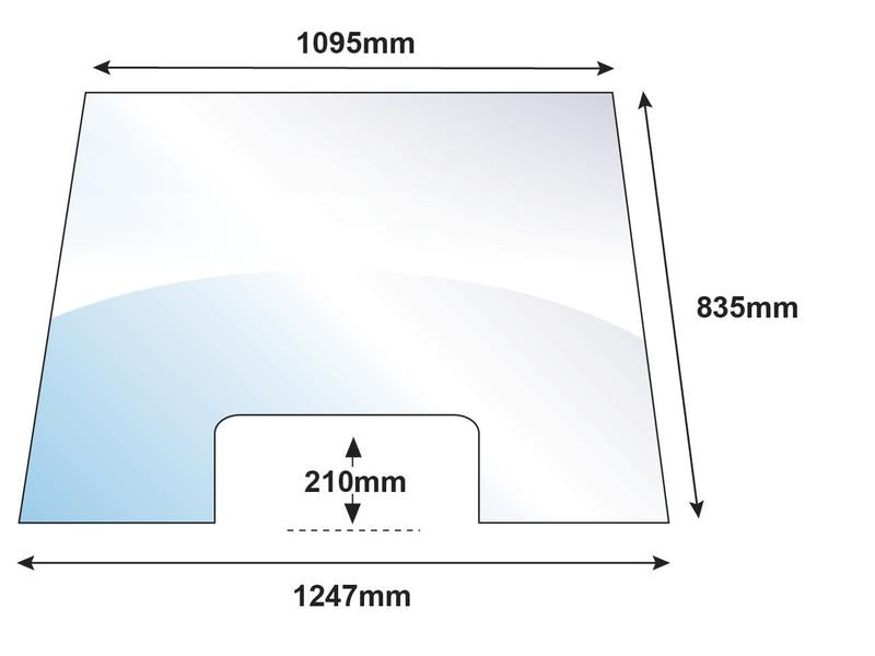 The Windscreen - S.10002 from Sparex features a rectangular design with a rounded cut-out at the bottom, suitable for measurements including: width 1247mm, height 835mm, top width 1095mm, and cut-out width 210mm.