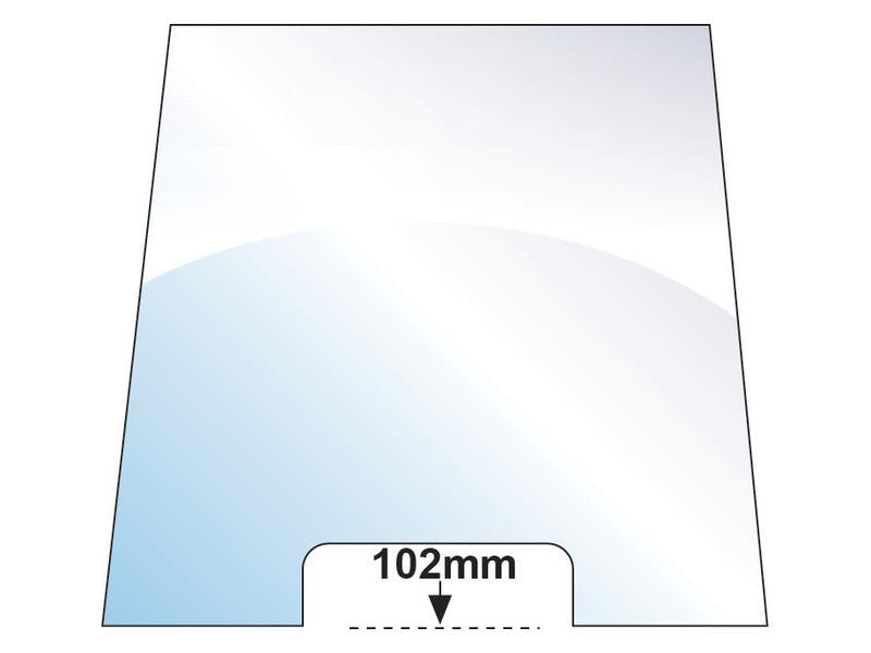 Illustration of the Windscreen - S.100431 by Sparex, a trapezoidal glass panel featuring a cutout at the bottom center. Ideal for various applications, the panel measures 102mm across the width of the cutout.