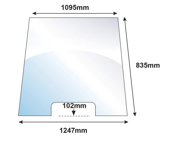 A schematic for the manufacture of the Windscreen - S.100431 by Sparex, showcasing a rectangular sheet with labeled dimensions: 1095mm in width, 835mm in height, and a total base width of 1247mm. It also features a central cutout measuring 102mm.