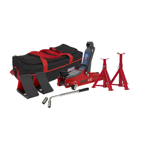 Trolley Jack 2 Tonne Low Entry Short Chassis & Accessories Bag Combo - Red - 1020LEBAGCOMBO - Farming Parts