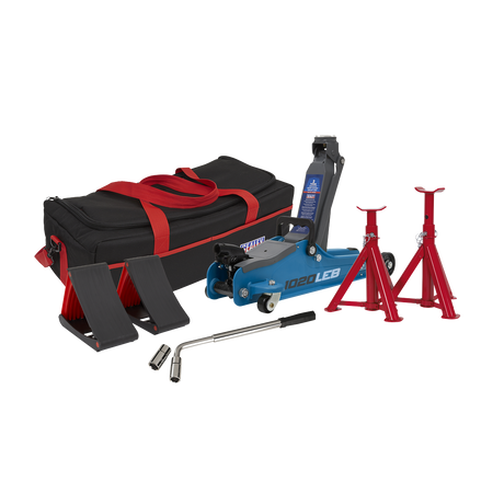 Trolley Jack 2 Tonne Low Entry Short Chassis & Accessories Bag Combo - Blue - 1020LEBBAGCOMBO - Farming Parts