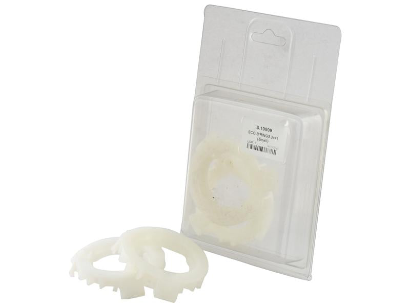 A pack of two Sparex ECO B/RINGS 2x41 (Small) white plastic gears, displayed with one inside transparent packaging and one placed in front of it.