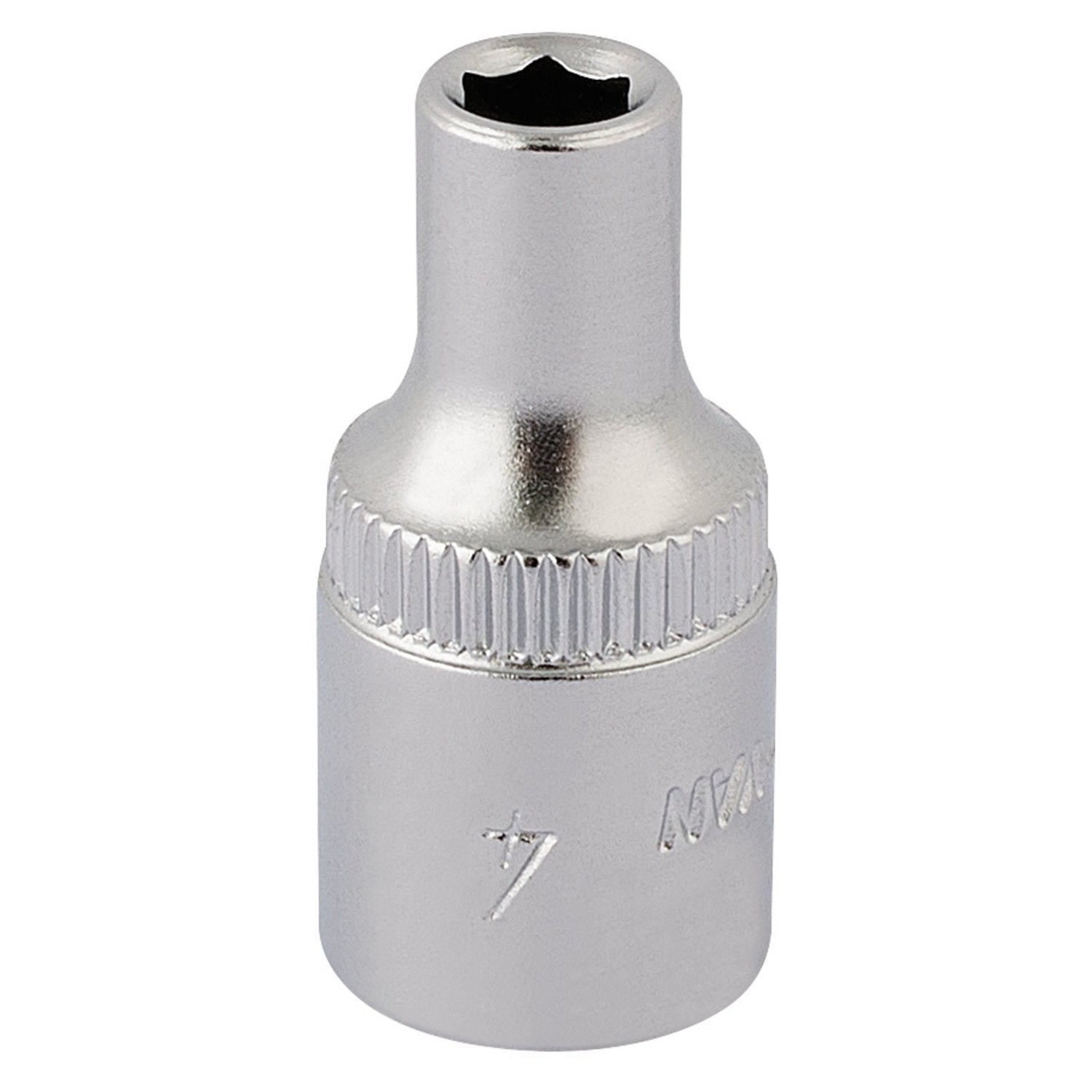 A close-up view of the Draper Elora Hexagon Socket, 1/4" Sq. Dr., 4mm - 1455-M 4, reveals its durable chrome vanadium steel construction, star-shaped opening, ribbed edge for grip, and design compliant with DIN 3124/ISO 2725 standards.