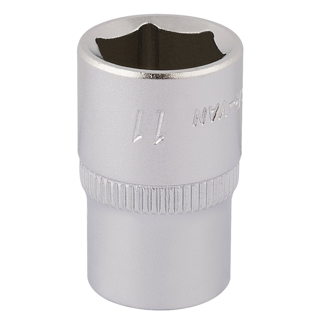 The Draper Elora Hexagon Socket, 1/4" Sq. Dr., 11mm - 1455-M 11, crafted from durable chrome vanadium steel, boasts a hexagonal opening and engraved markings for precision.