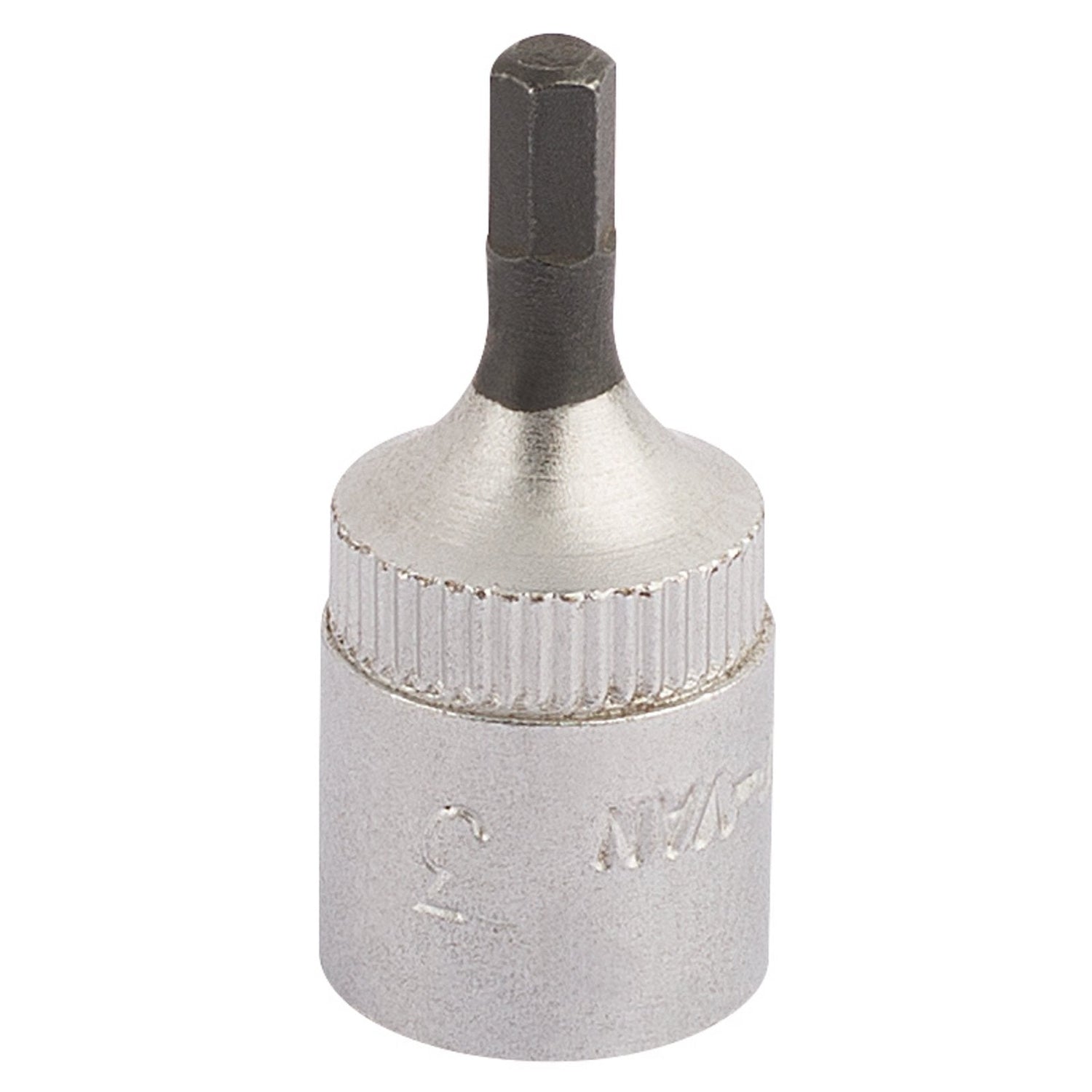The Draper Elora Hexagon Screwdriver Socket, 1/4" Sq. Dr., 3mm - 1455-IN 3, boasts a silver base and a black hexagonal tip. Crafted from chrome vanadium steel, the base is engraved with markings for easy identification. This durable tool also offers enhanced corrosion protection for longevity.