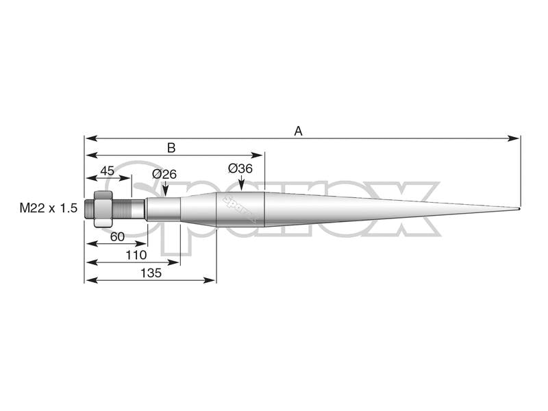 SHW Loader Tine - Straight 720mm, Thread size: M22 x 1.50 (Star) To fit as: 10049506 | S.115027 - Product Image 4