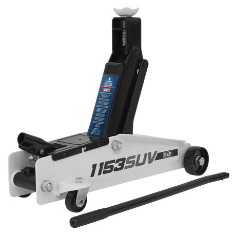 Image of the Sealey Long Reach High Lift SUV Trolley Jack 3 Tonne - 1153SUV, featuring a white and black design with wheels and a handle, suitable for SUVs and offering extended reach for lifting vehicles.