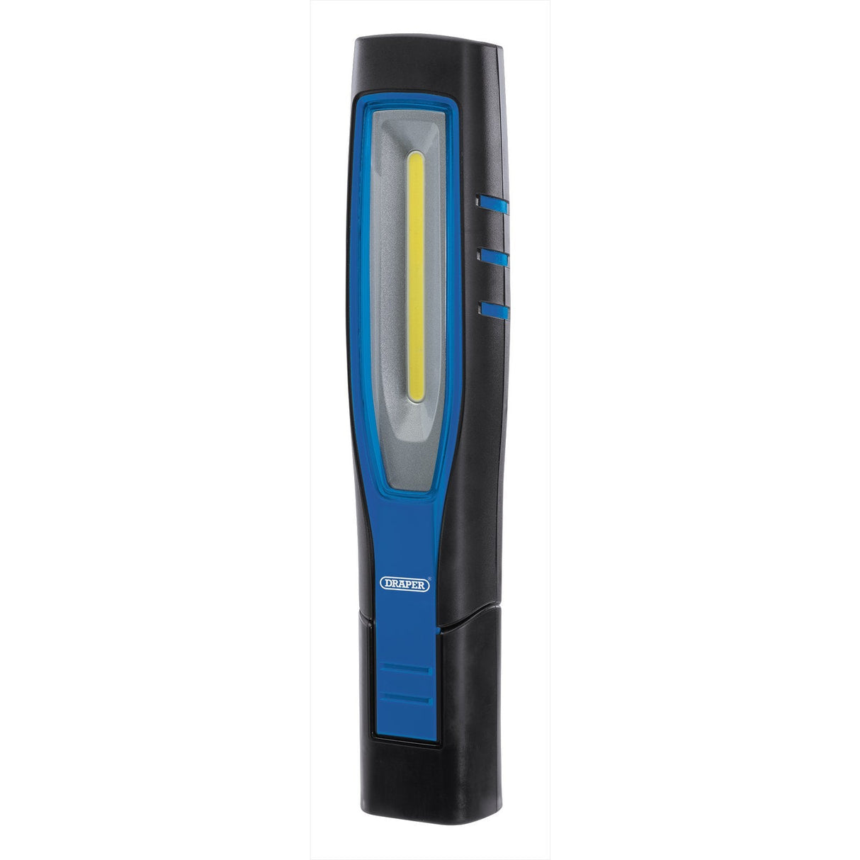 The **Draper Cob/SMD LED Rechargeable Inspection Lamp** in blue features a handheld rectangular design with a transparent light area in the center. It offers hands-free operation and comes equipped with a USB cable and charger for convenient use, delivering 7W of power and 700 lumens of brightness.
